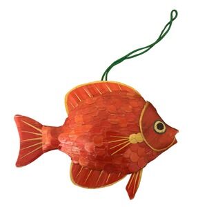 Vintage | Handcrafted | Woven Straw | Tropical Fish Ornament | Red Orange 4in